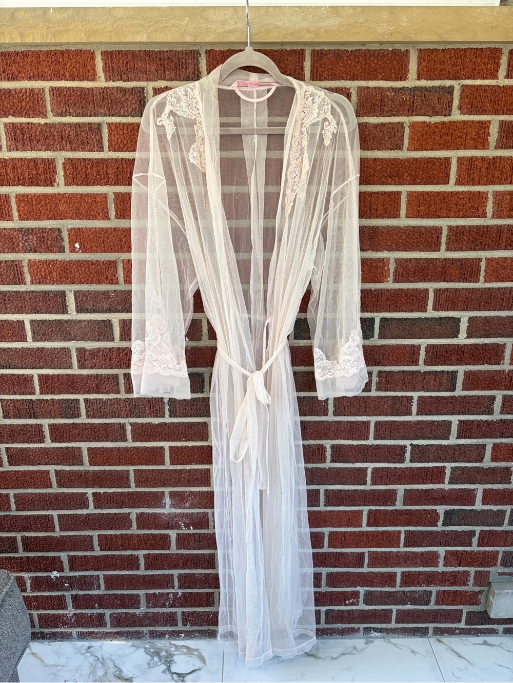 Victoria's Secret Sheer Lace Trim Long Robe in Light Pink